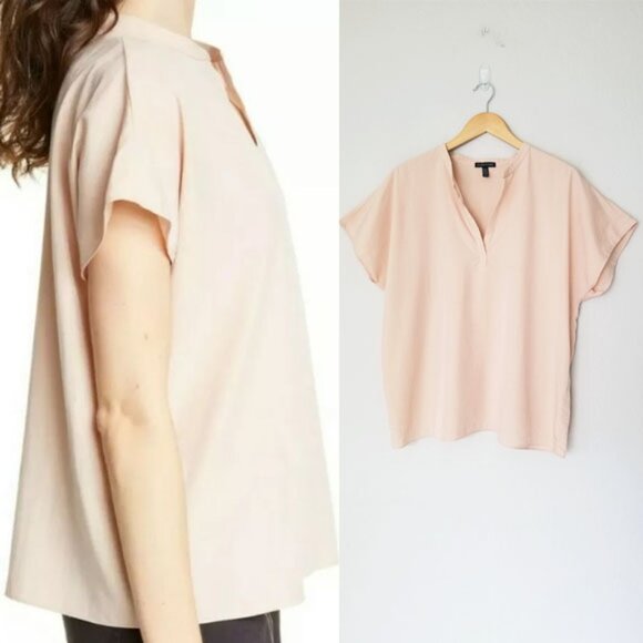 Eileen Fisher Mandarin Collar Top M Dune Tencel Blend Lightweight Lagenlook $198 - Picture 5 of 16